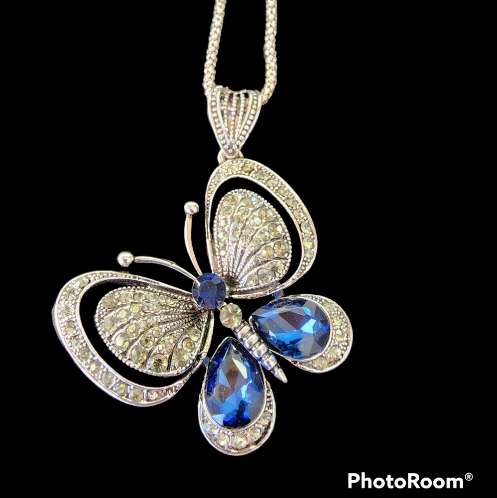 Nwt Blue CZ Crystal Butterfly Pendant Necklace Silver Tone 15in Chain